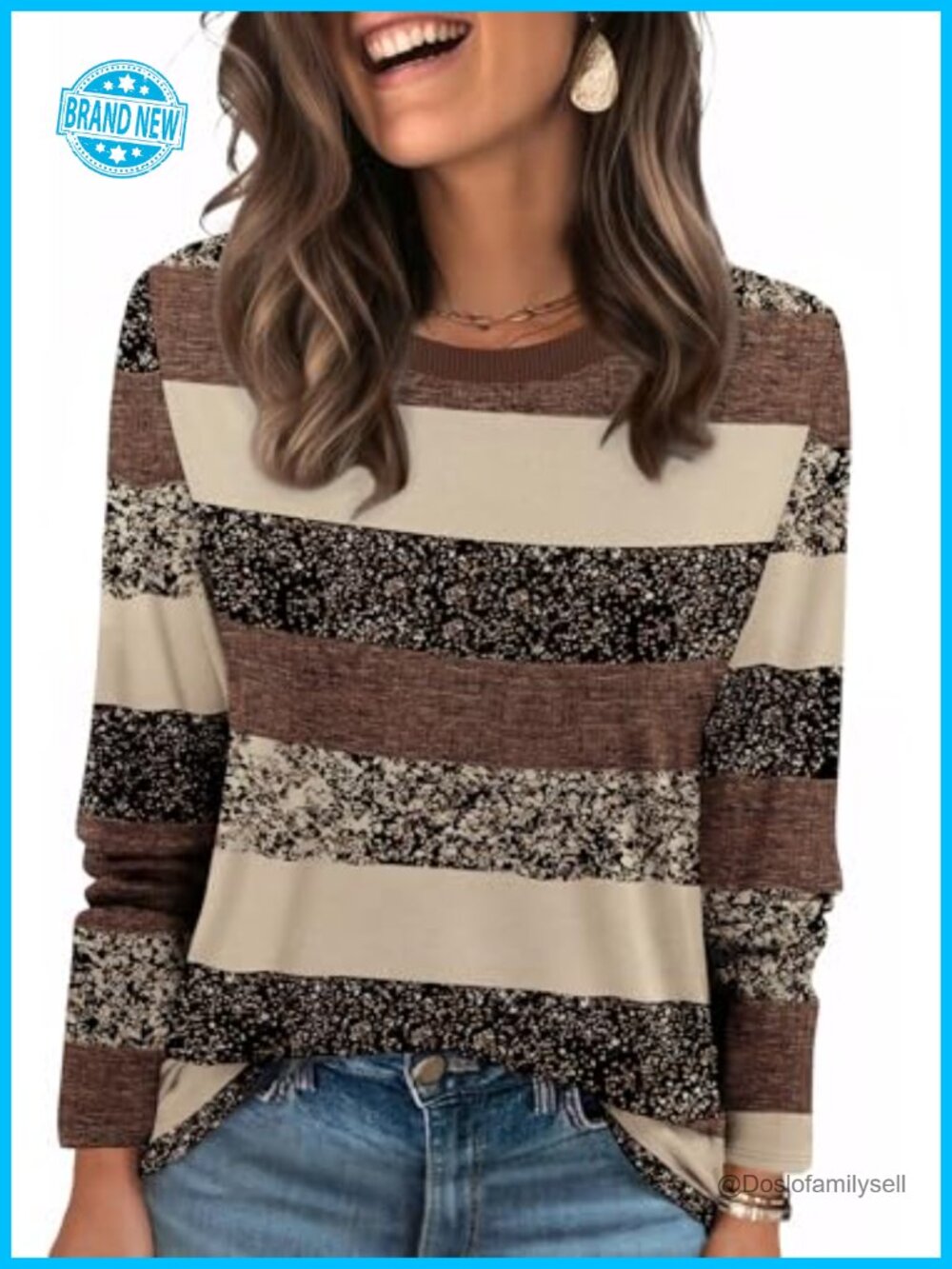 Womens Ribbed Crewneck Long Sleeve Striped Top Loose Fit Fall Spring Tunic Tee